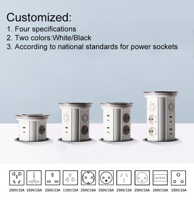 OEM/ODM Customize motorized pop up power kitchen sockets tabletop tower sockets with USB A+C charging sockets