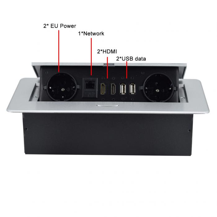 OEM/ODM Factory Pop up Socket with EU Power Outlet Embedded Tabletop IP44 2 AC Outlets RJ45 Network and HDMI plug