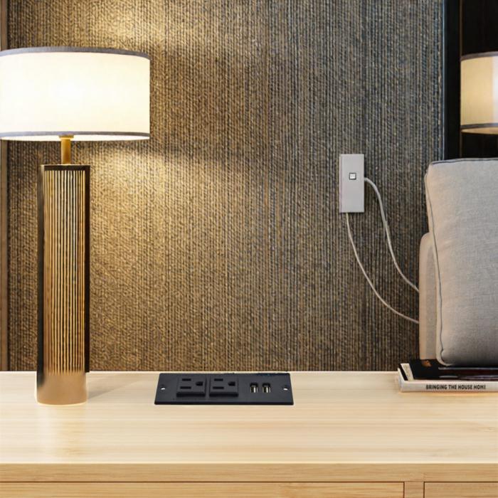 OEM/ODM Recessed Power Strip US standard Desk Mountable Power socket Behind Drawer 2 Outlets & 2 USB Type A socket for Cabinet Sofa