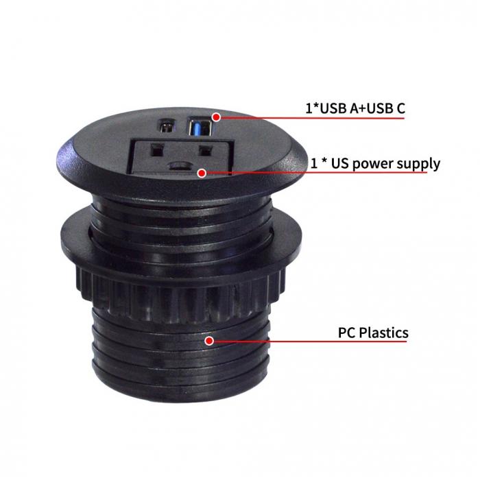 Plastic Recessed Mounted Table Power Socket with USB A+C Charging Ports