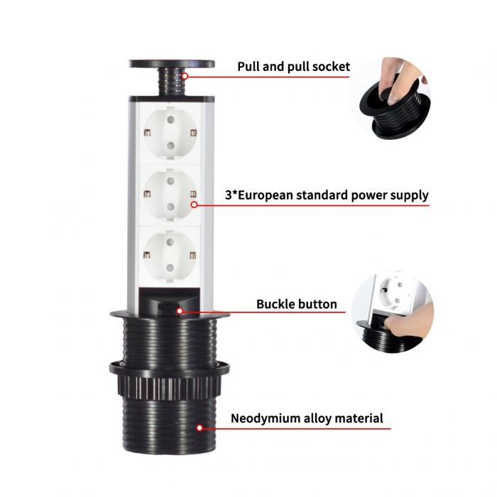 Modern Smart Kitchen Pull Out EU Power Kitchen Socket Hidden Tabletop with 3 EU Power Output Ports 16A Rated Current IP44