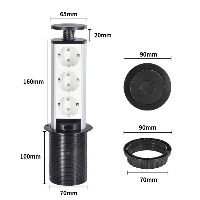 Modern Smart Kitchen Pull Out EU Power Kitchen Socket Hidden Tabletop with 3 EU Power Output Ports 16A Rated Current IP44
