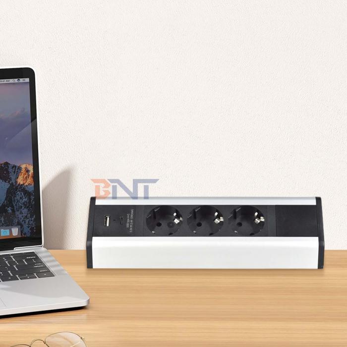 Adhesive clip design 3 EU AC Outlets USB A+C Fast Charge Desktop Clamp Socket Power Strip