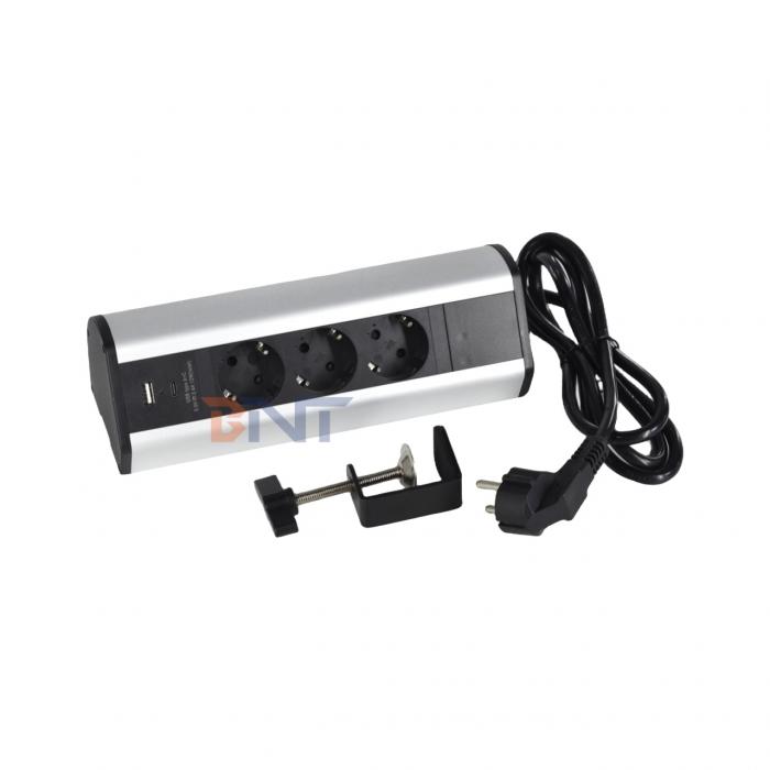 Adhesive clip design 3 EU AC Outlets USB A+C Fast Charge Desktop Clamp Socket Power Strip