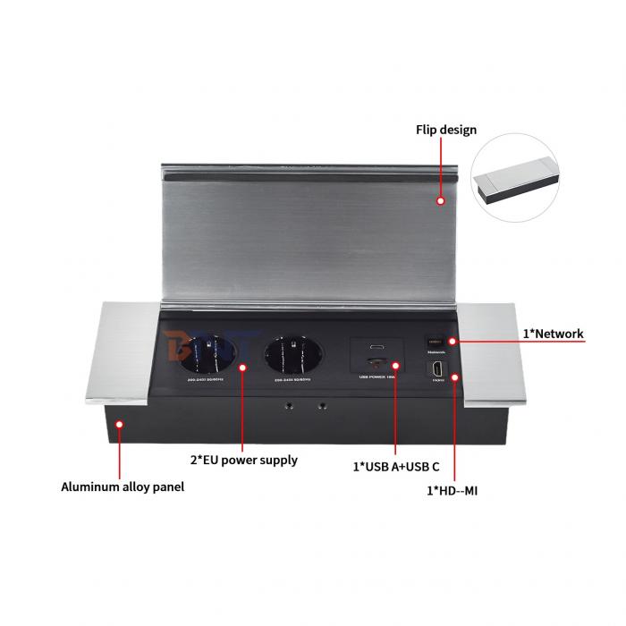 Aluminum alloy Slide & Flip Cover Power Strip Space-Saving Sliding Socket 2EU power supply 1USB A+USB C 1HDMI 1Network