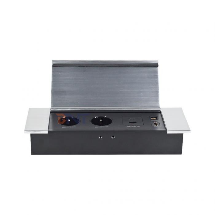 Aluminum alloy Slide & Flip Cover Power Strip Space-Saving Sliding Socket 2EU power supply 1USB A+USB C 1HDMI 1Network