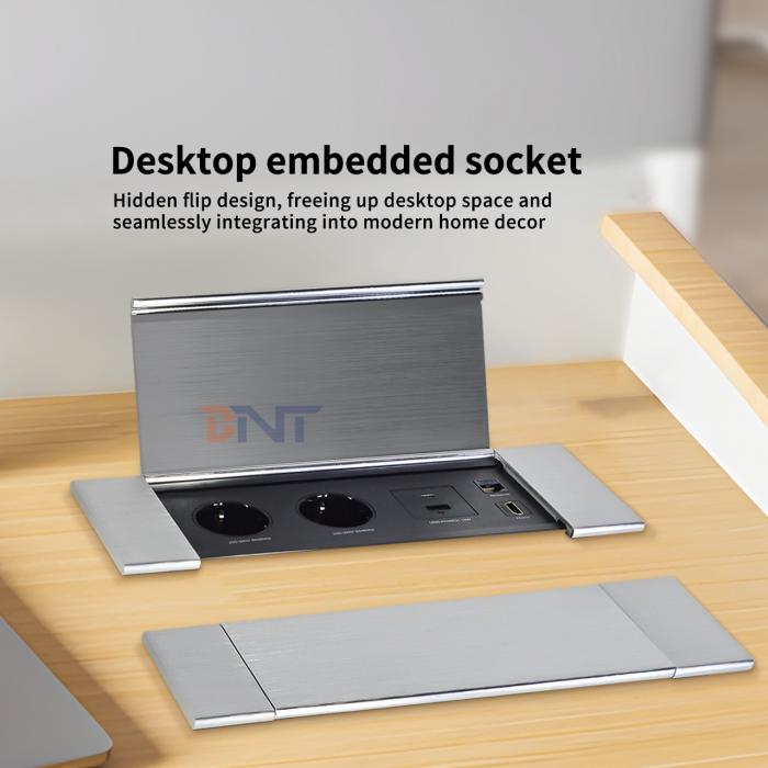 Aluminum alloy Slide & Flip Cover Power Strip Space-Saving Sliding Socket 2EU power supply 1USB A+USB C 1HDMI 1Network