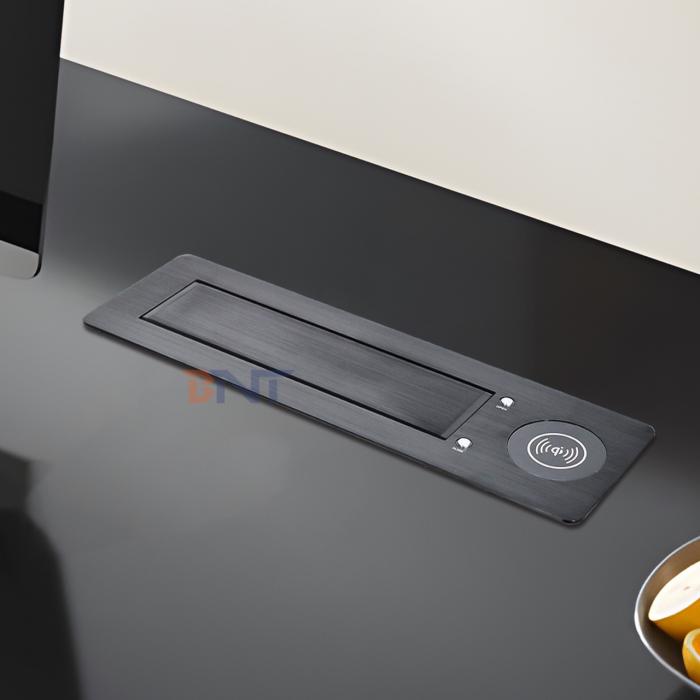 Black Motorized Flip Socket 1USB A+USB C 2UK power supply with Wireless Charging, intelligent lifting, USB fast charging, home and office desktop socket, bedside, kitchen, dormitory
