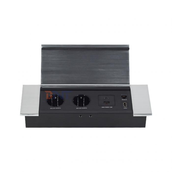 Aluminum alloy Slide & Flip Cover Power Strip Space-Saving Sliding Socket 2EU power supply 1USB A+USB C 1HDMI 1Network