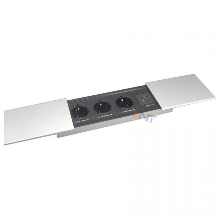 Aluminum Alloy  Slip-Open Design Desktop Power Outlet for Embedded Installation and EU Power Supply