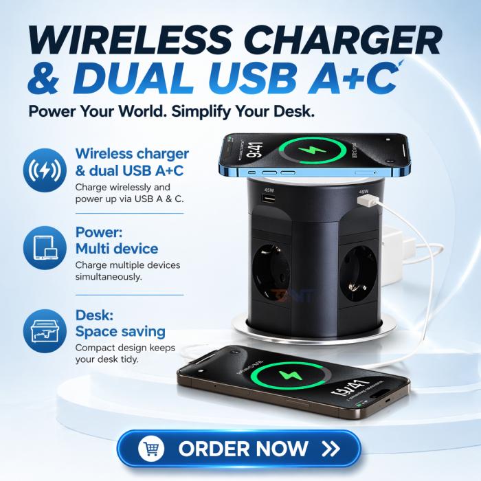 BNT Tabletop Office Commercial Use 4 AC Power Pneumatic Pop-Up Desktop Socket Kitchen Socket with Dual USB A+C Port PD45W Charge