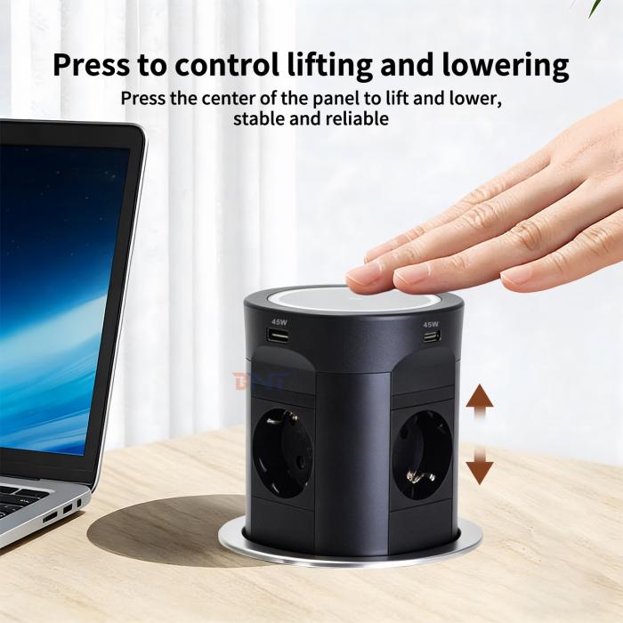 BNT Tabletop Office Commercial Use 4 AC Power Pneumatic Pop-Up Desktop Socket Kitchen Socket with Dual USB A+C Port PD45W Charge