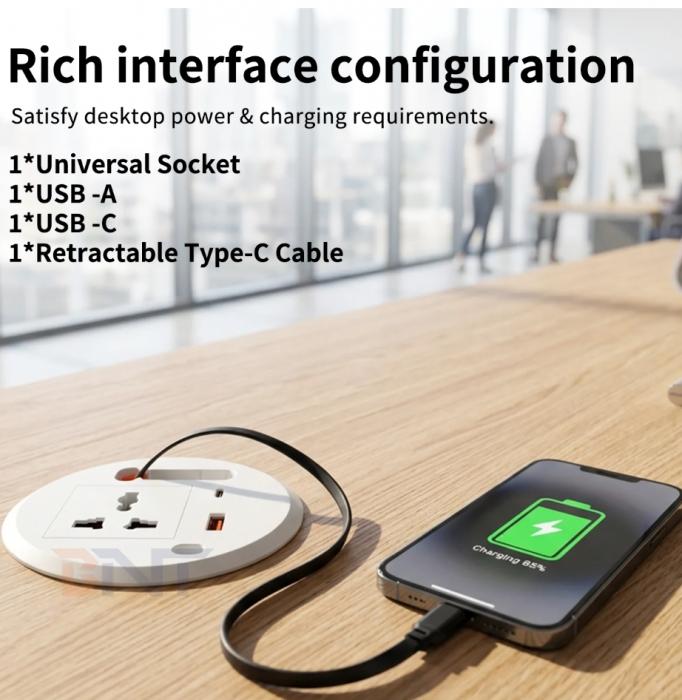 Round Recessed Desk Grommet Socket with Retractable Type‑C Fast Charging Cable, Multi‑Port Embedded Power Outlet for Home & Office