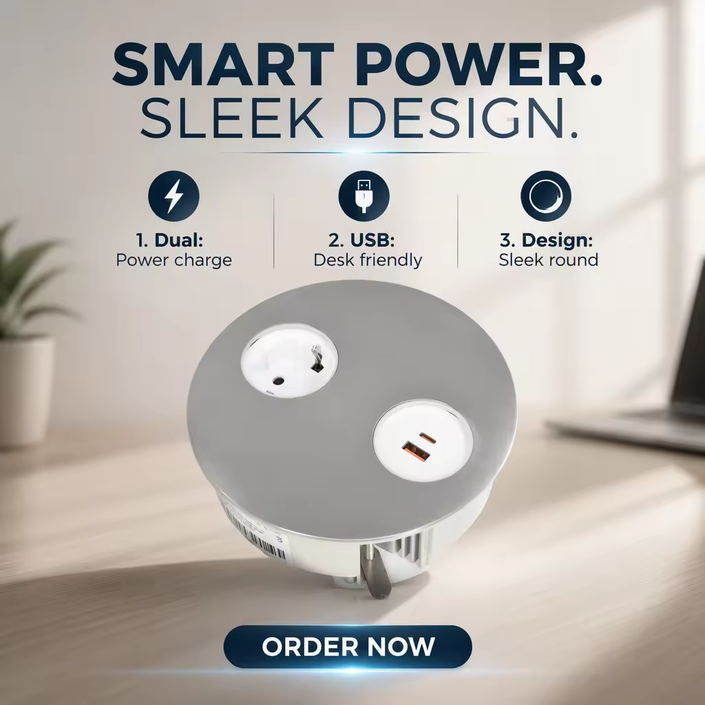146 mm Round Flip-Lid Desk Socket, EU + USB-A/C