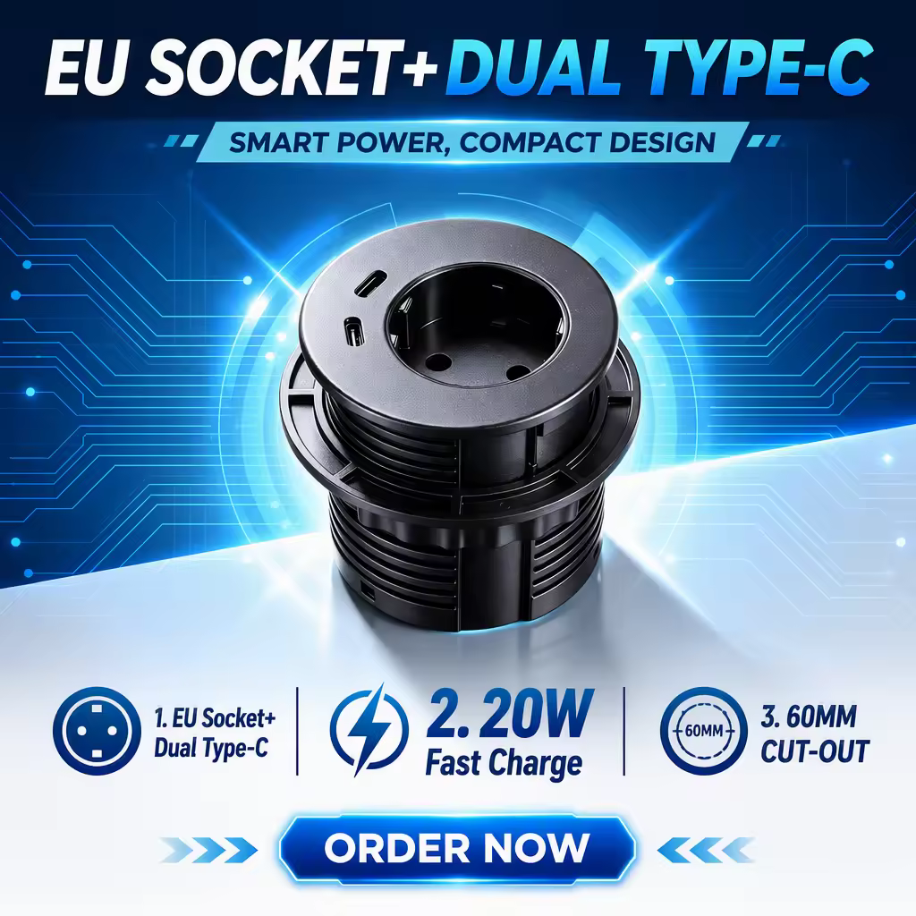 60 mm Recessed Grommet with EU Outlet and Dual USB-C