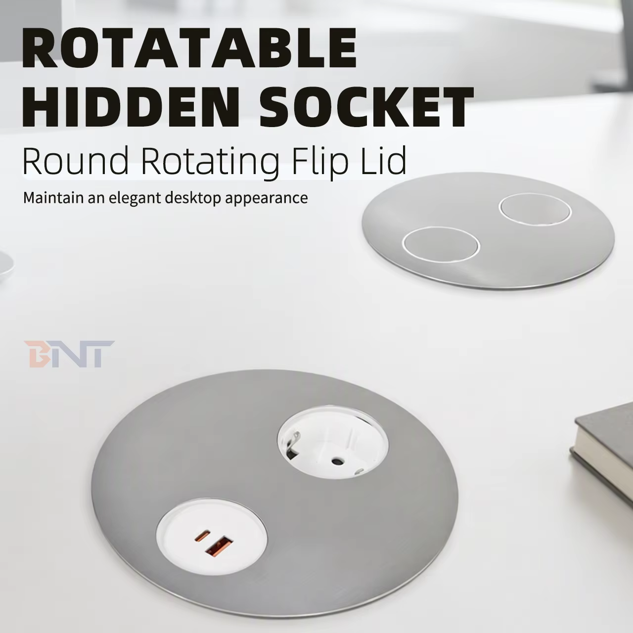 146 mm Round Flip-Lid Desk Socket, EU + USB-A/C