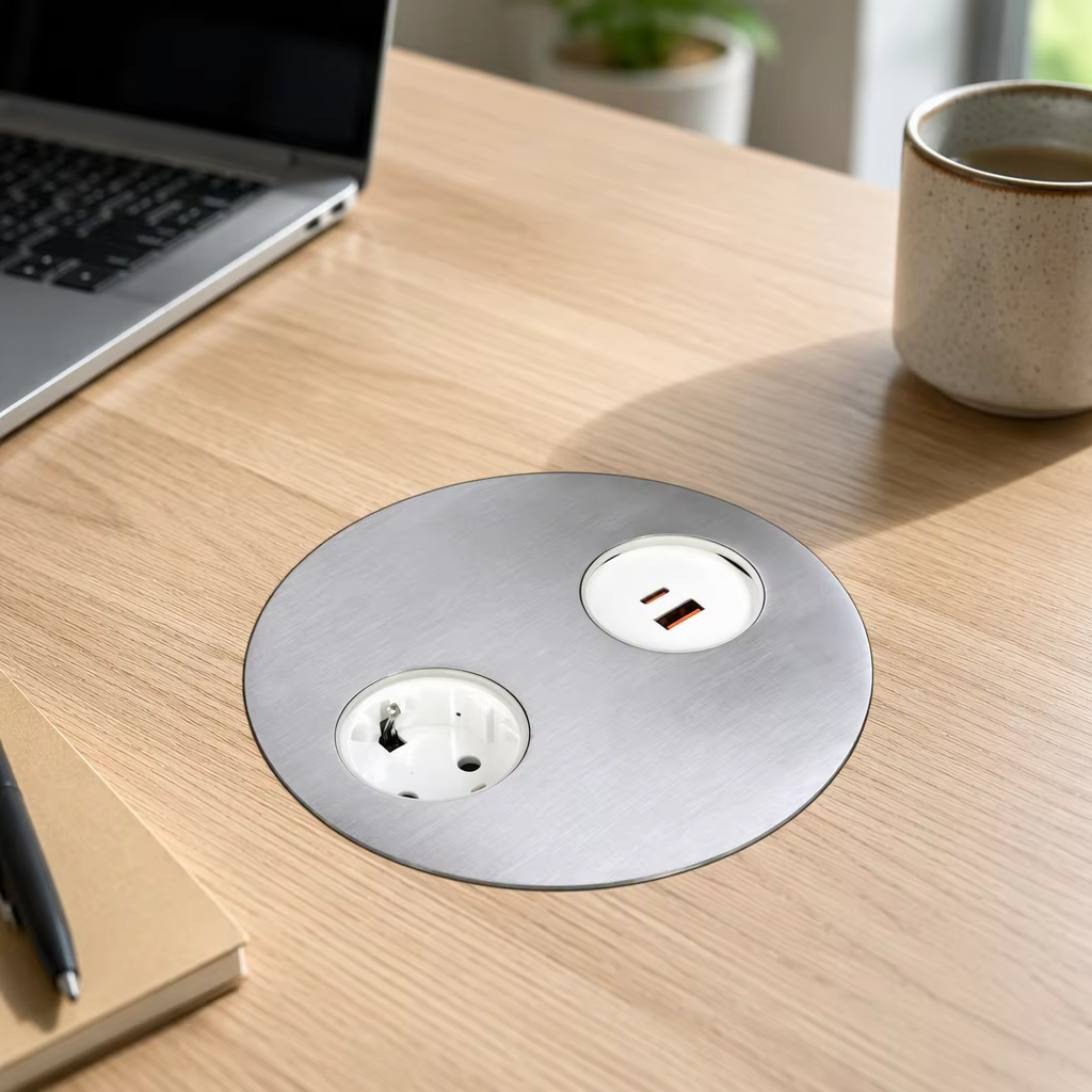 146 mm Round Flip-Lid Desk Socket, EU + USB-A/C
