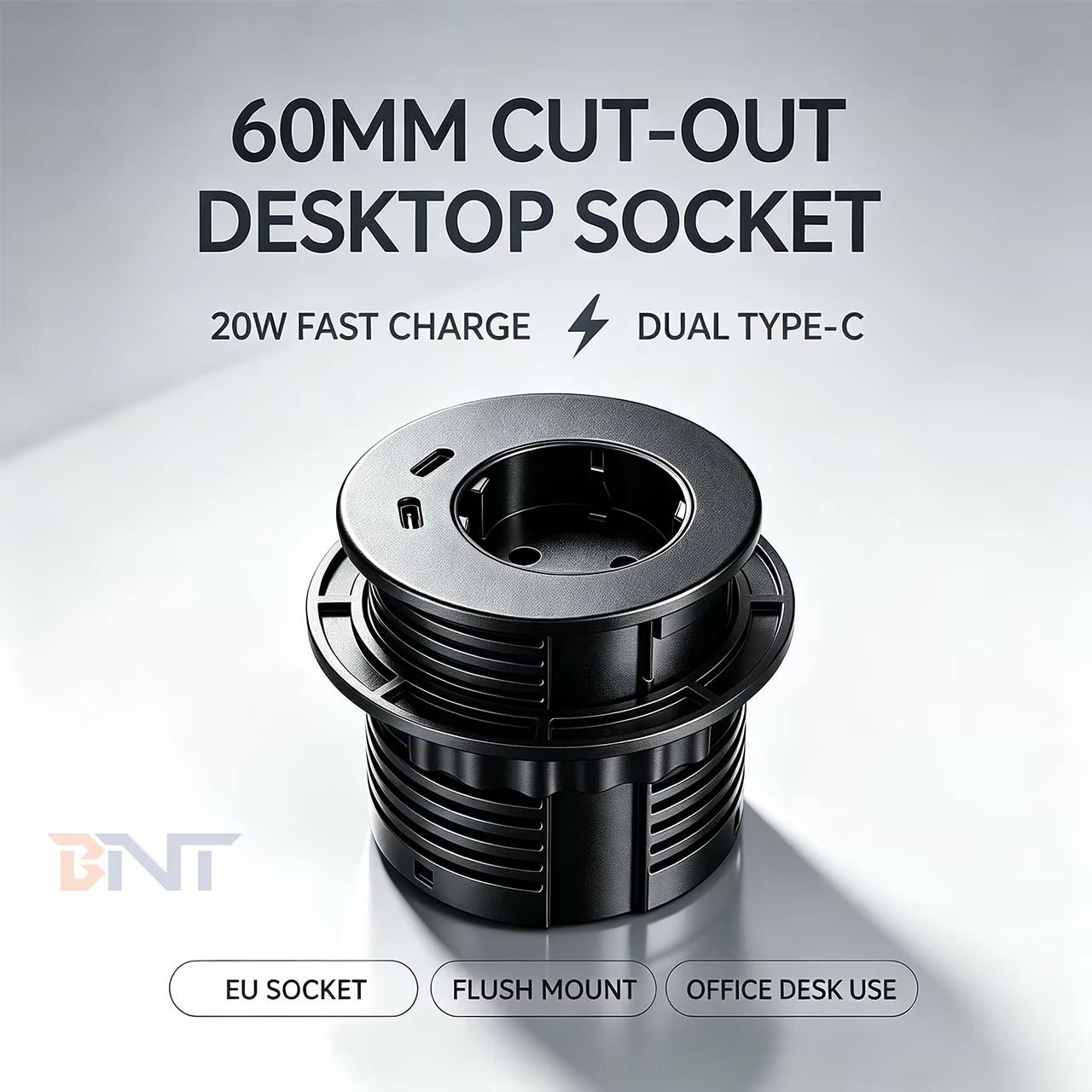 60 mm Recessed Grommet with EU Outlet and Dual USB-C