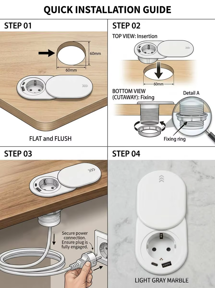 60 mm Slip-Open Desk Socket with USB-A and USB-C