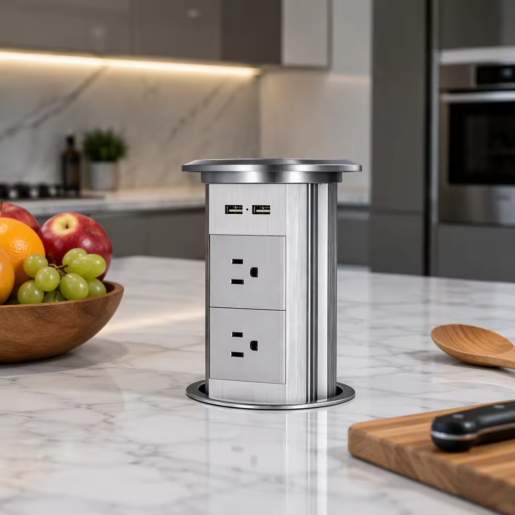 Motorized Pop-Up Table Socket with Four AC Outlets, USB-A/C and Wireless Charging