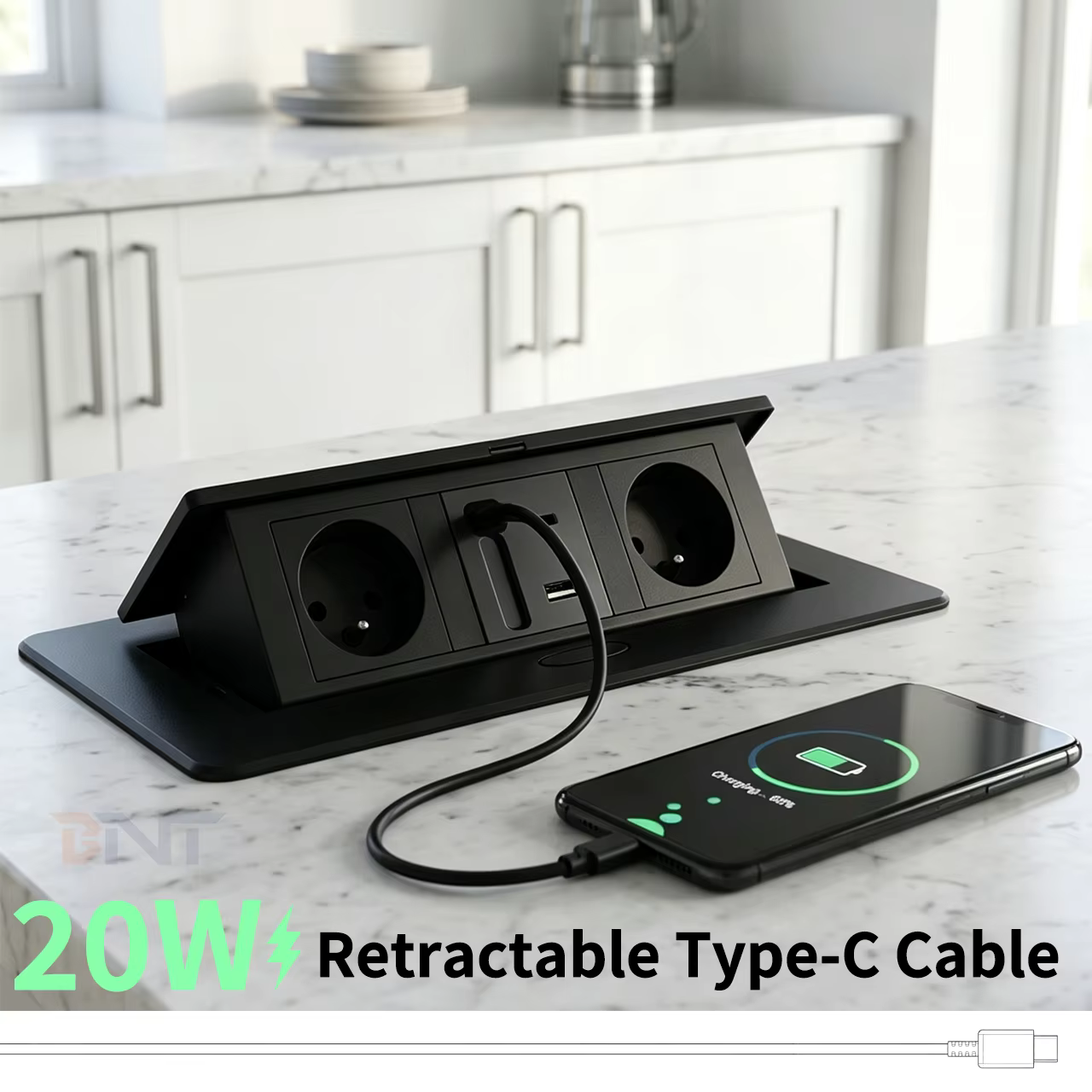 Retractable Cable Table Socket, 2 EU + USB (BD680-3)