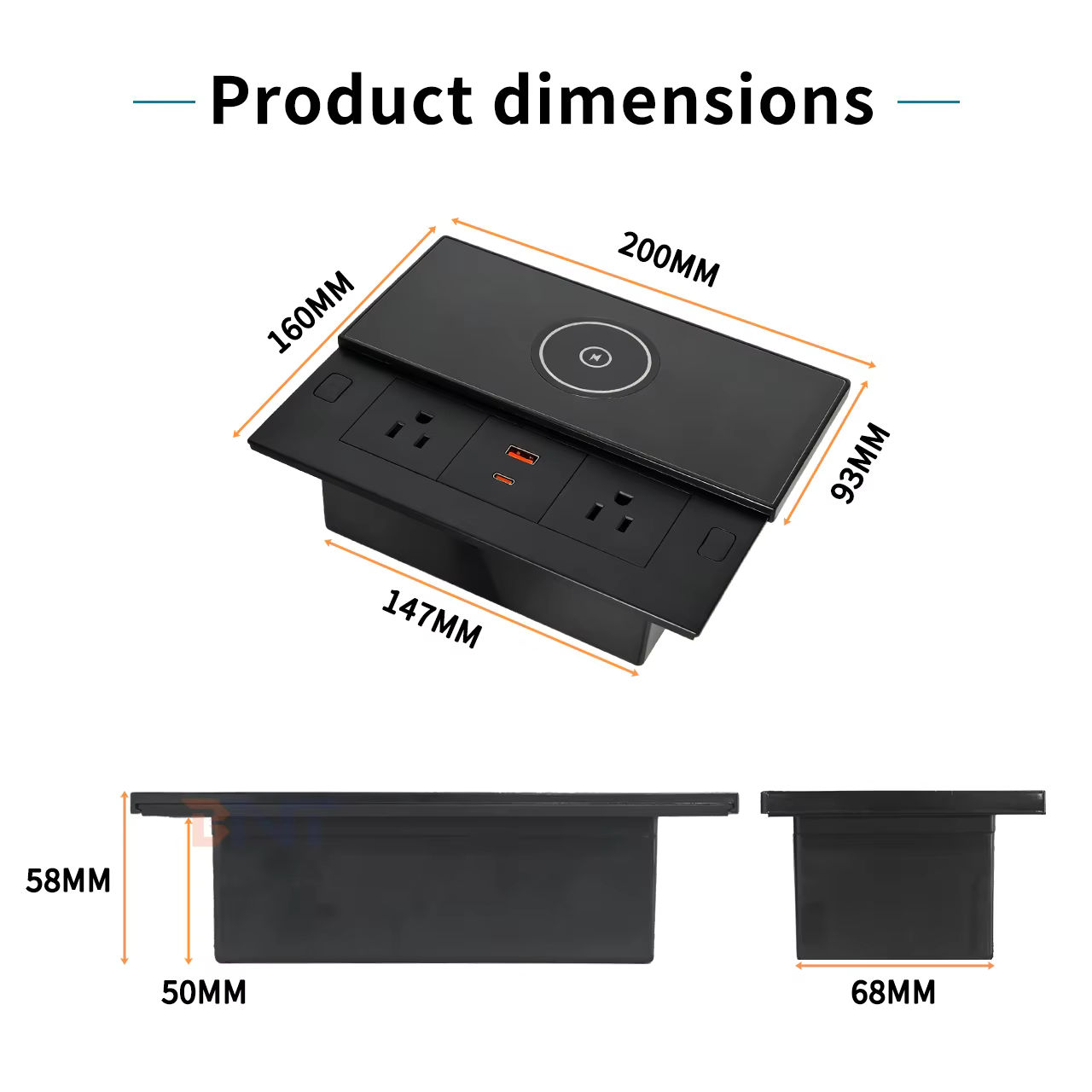 Slide-Cover Desk Socket, 2 US + USB-A/C + Wireless