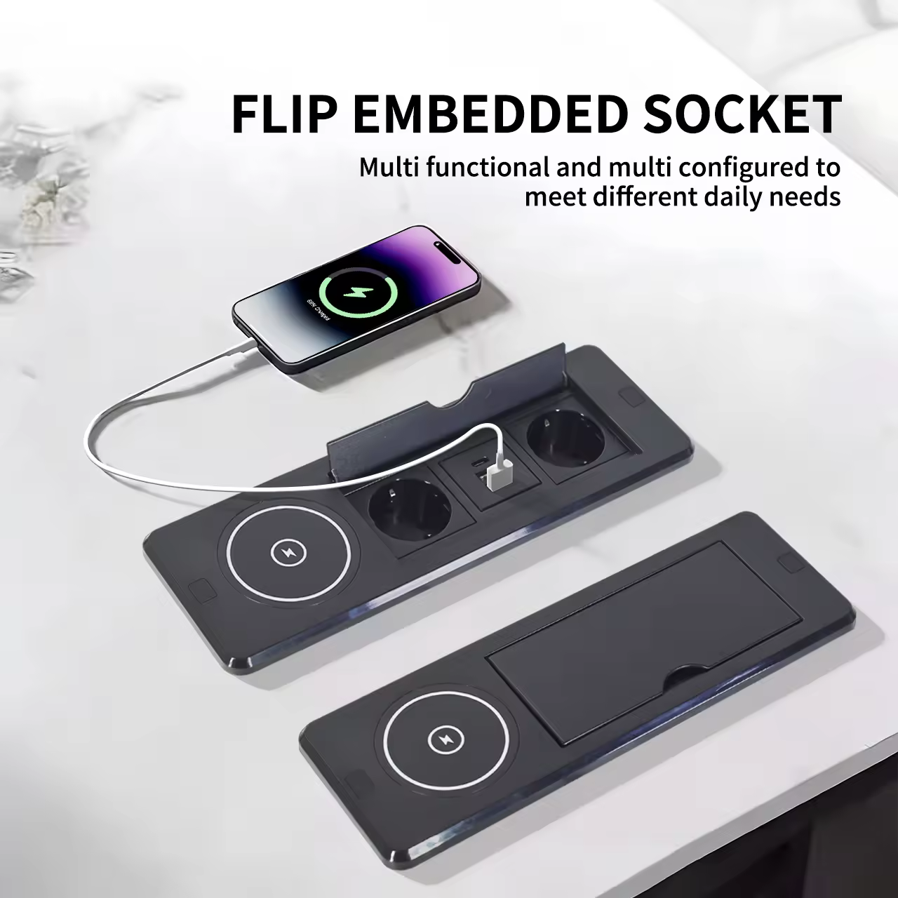 Flip-Lid Desk Socket, 2 EU + 2 USB-A + USB-C (BFS-1)