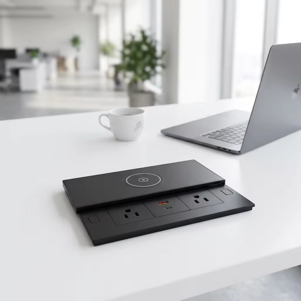 Slide-Cover Desk Socket, 2 US + USB-A/C + Wireless